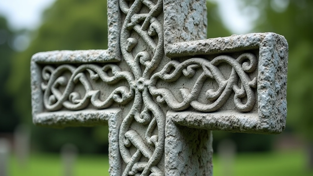 Monasterboice high cross detail, carved stone with intricate Celtic patterns and religious iconography