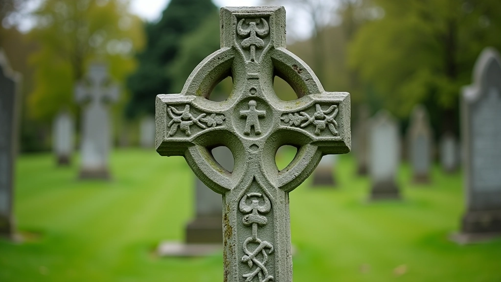 Ancient high cross showing multiple carved symbolic figures and patterns in outdoor monastic setting