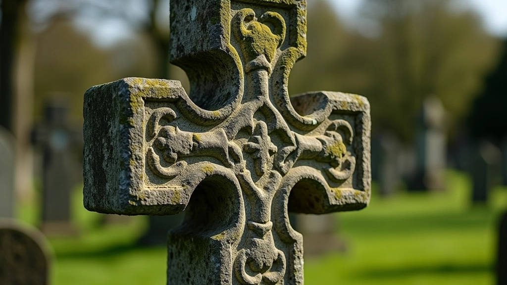 Ancient weathered high cross stone showing patina and lichen growth indicating age and natural preservation