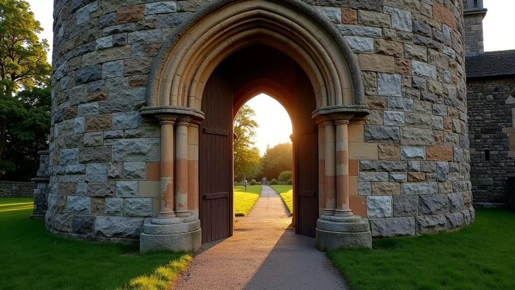 Close-up detail of ancient round tower doorway entrance with weathered stone archway