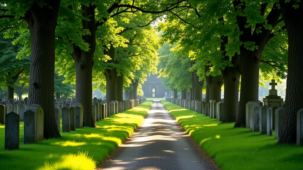 Scenic walking path lined with ancient gravestones and tall trees in quiet Irish churchyard cemetery