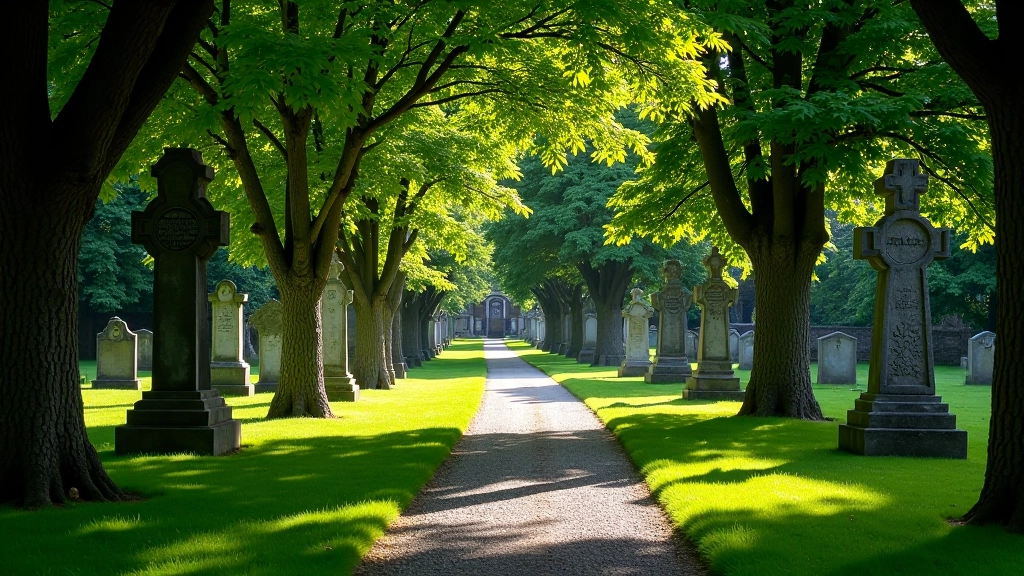 Peaceful churchyard path with ancient gravestones and green trees lining the walkway