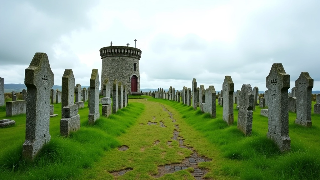 Monasterboice monastery grounds showing round tower among high crosses and ancient cemetery